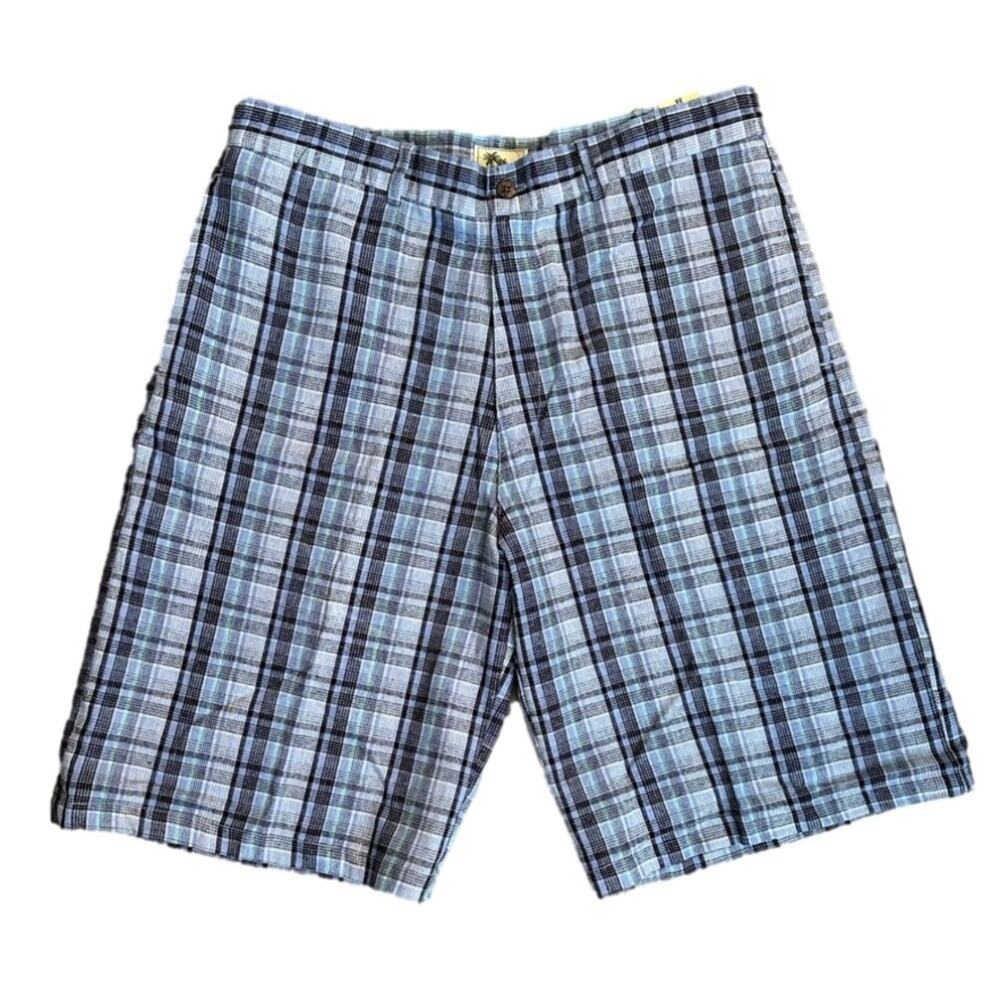 NoNo Tropical Men's Linen Blend Plaid Shorts Blue Size 34 Casual Beach Preppy